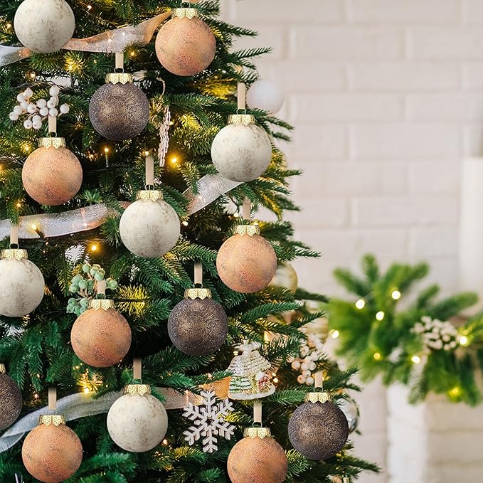 24 Pcs Neutral Textured Christmas Ball Ornaments 2.36'' Vintage Christmas Tree Decor Modern Rustic Brown Ornaments with Loop Shatterproof Hanging Ball for Xmas Farmhouse Decor (Light Brown)