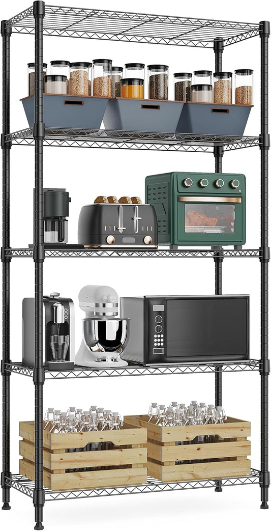 1250 lbs 5 Tier Shelf Metal Storage Shelves Wire Rack Closet Organizers with Wheel for Garage Kitchen Bathroom Laundry Black 13.7" D x 23.6" W x 62.4" H