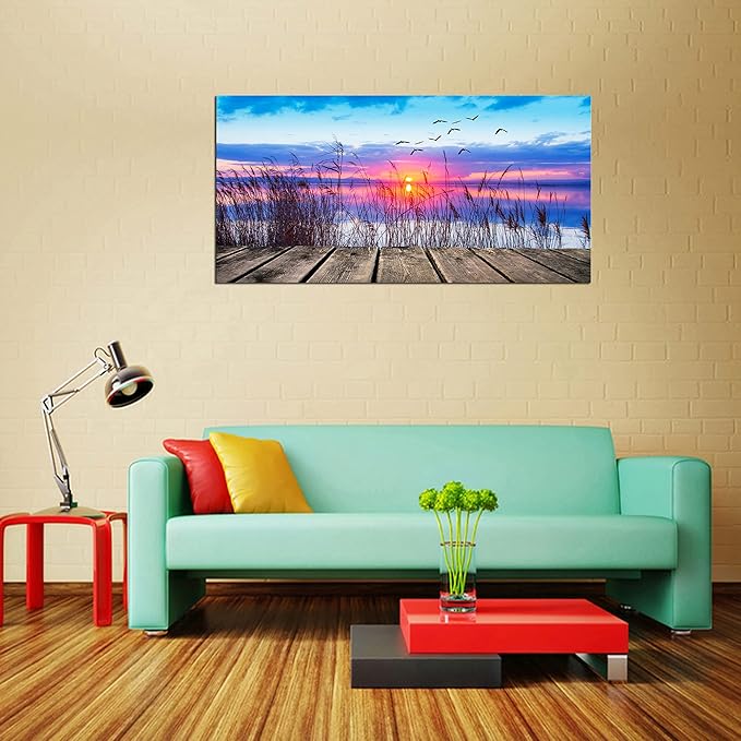 XXMWallArtFC2375 Wall Art Leisure and Free Time On The lake Framed Canvas Prints Painting Sunset Landscape Pictures Ready to Hang for Living Room Bedroom Kitchen Home and Office Wall Decor