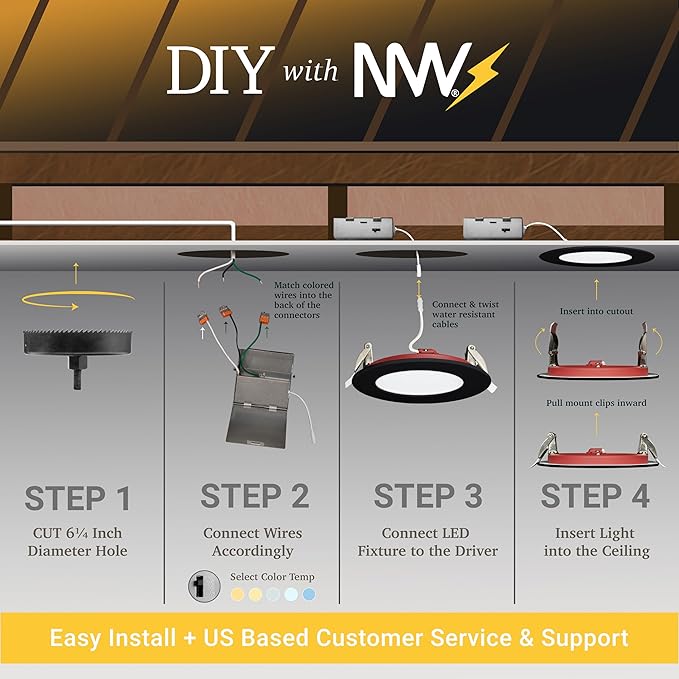 NUWATT 12 Pack, 6 Inch 2 HOUR FIRE RATED LED Recessed Lighting, Selectable 2700K/3000K/3500K/4000K/5000K, 1200 Lumen, Dimmable Wafer Lights, IC Rated, Canless Black LED Ceiling Light, No Tenmat Needed