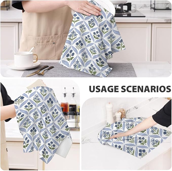 Navy Blue Green Boho Kitchen Towels 16x24 Inch Vintage Flowers Decor Dish Towels Spring Floral Summer Seasonal Decoration Hand Towels Absorbent Dish Cloths for Home Kitchen Dining Set of 2