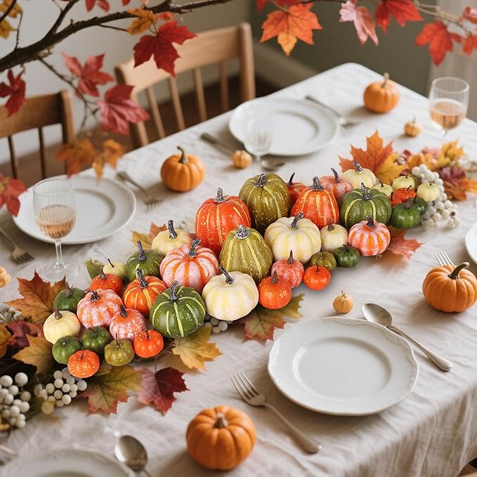 winemana 46 Pcs Assorted Size Artificial Pumpkins Fall Decorations, Mixed-Color Foam Pumpkin Autumn Decor, Decorative Faux Pumpkin for Thanksgiving Table Centerpiece Mantle Bowl Wedding Party