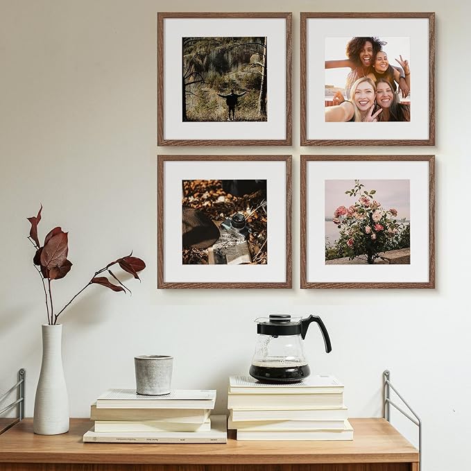 12x12 Picture Frames, Natural Oak Wood Frame 12 x 12 for Wall, 12x12 Frame Matted to 8x8, Rustic Wood Square Frame 12 by 12 with Real Glass, Walnut Color, Set of 4