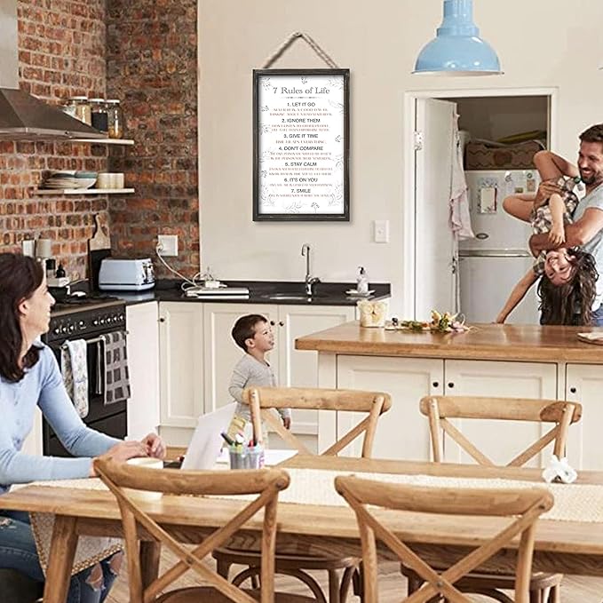 Positive 7 Rules of Life Wall Decor Sign - Affirmation Inspirational Life Attitude Plaque in Solid Wood 16x9.5 Inches Vertical - Motivational Framed Signs for Living Room