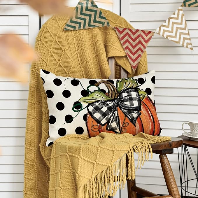 AVOIN colorlife Fall Polka Dot Pumpkin Throw Pillow Cover 12x20 Inch, Seasonal Autumn Thanksgiving Harvest Decoration for Home Sofa Couch