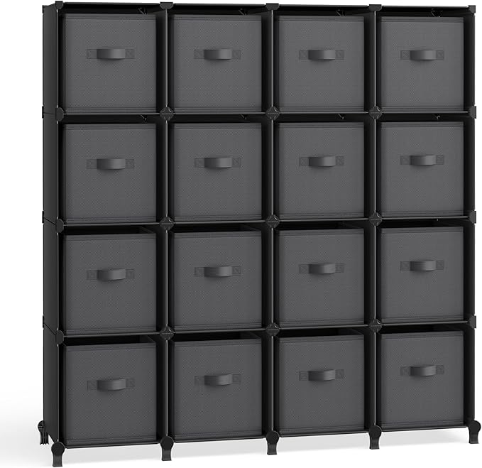 SONGMICS Cube Storage Organizer with Storage Boxes, Set of 16-Cube Organizer, 16 Collapsible Non-Woven Fabric Bins, Customizable, Bedroom, Living Room, Ink Black and Dove Gray ULPC162B01