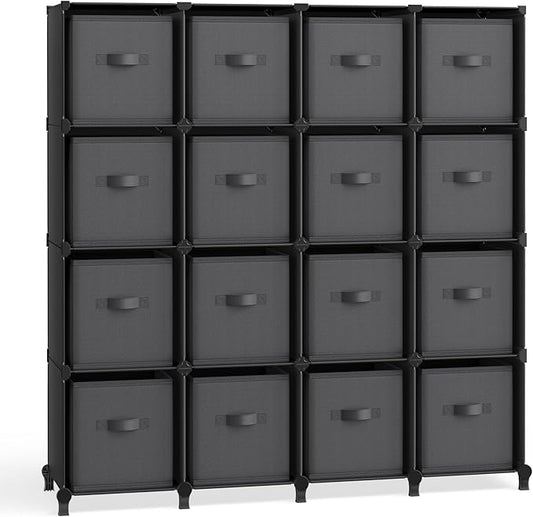 SONGMICS Cube Storage Organizer with Storage Boxes, Set of 16-Cube Organizer, 16 Collapsible Non-Woven Fabric Bins, Customizable, Bedroom, Living Room, Ink Black and Dove Gray ULPC162B01