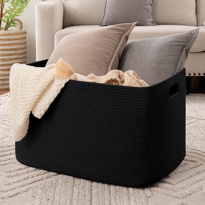 OIAHOMY 118L XXXLarge Cotton Rope Storage Basket, Oversized Blanket Basket, Used for Organizing Dirty Clothes in Living Room, Bedroom, Nursery, Dog Toy Storage Bins, 25" x 17" x 16",Black