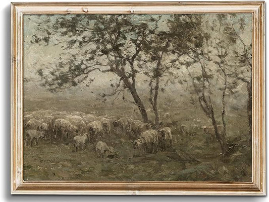 uniro Vintage Wall Art Prints for Home Decor, Farmhouse Spring Decor Rustic Sheep Pasture Canvas Prints Paingting, Vintage Cottage Landscape Wall Decor, Vintage Art Pictures for Bedroom Bathroom Decor( 8" x 10"-UNFRAMED)