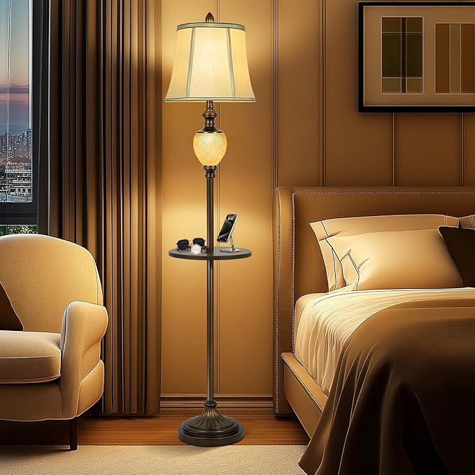 64" Vintage Floor Lamp for Living Room with Tray and Nightlight Farmhouse Tall Standing Lamp with Beige Faux Silk Shade Rustic Reading Lamp Decor for Bedroom Home Office Hotel Bar (Bulb Included)