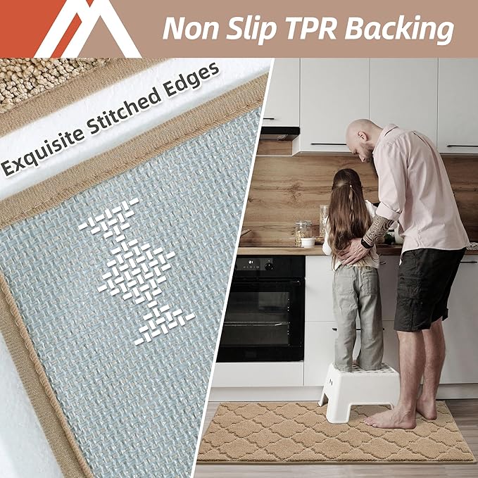 COSY HOMEER-Kitchen-Rugs 20"x48" Non-Slip Absorbent Soft Kitchen Runner Rug Polyester Kitchen Mats for Floor Washable Kitchen Standing Floor Mat for Sink Mat,Hallway,Laundry, Beige