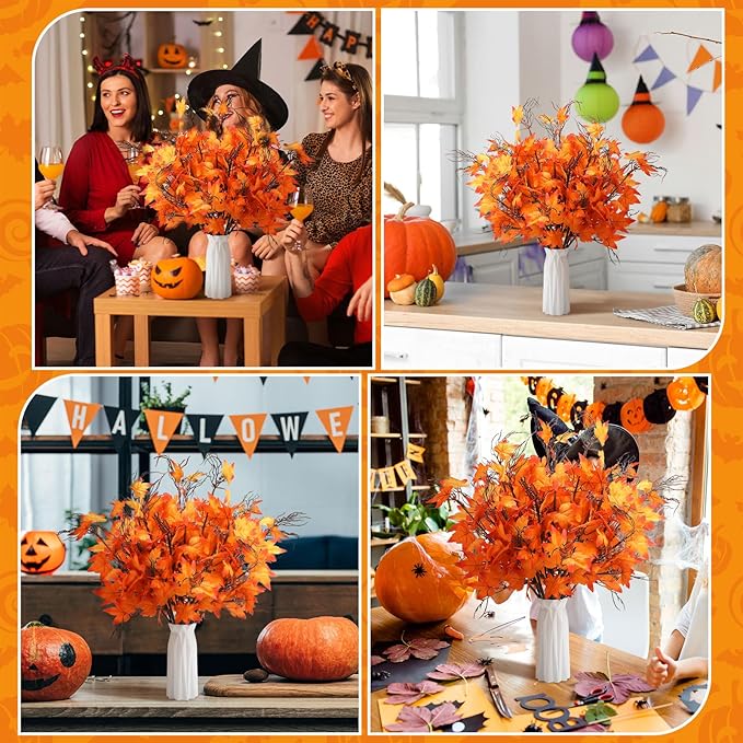 12 Pcs 19.7 Inch Artificial Fall Flowers Burnt Orange Fake Maple Leaf Floral Stems Autumn Floral Picks Thanksgiving Harvest Centerpieces Decorations for Home Indoor Vase Arrangement Decor
