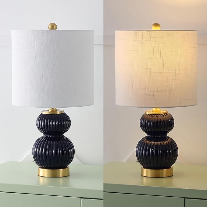 JONATHAN Y JYL1099D Daphne 20" Contemporary Transitional Metal/Glass Ribbed Gourd LED Table Lamp Bedroom, Living Room, Office, Dining Room, Navy/Brass Gold