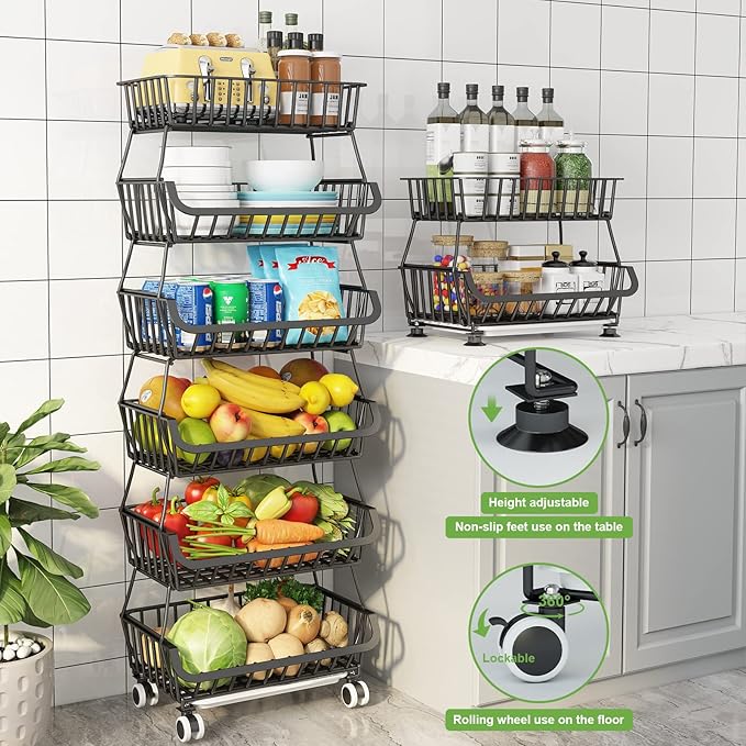 6 Tier Fruit Basket for Kitchen, Fruit and Vegetable Storage Cart Stackable Wire Baskets with Wheels Vegetable Produce Basket Potato Onion Storage Bins Rack for Kitchen Pantry