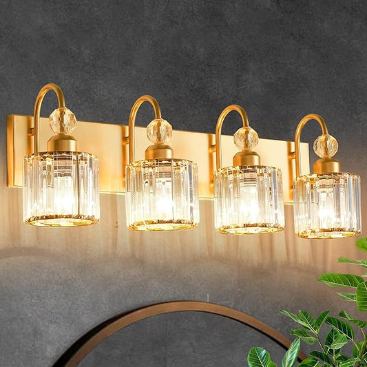 Bathroom Vanity Light Fixtures Over Mirror - Makeup Lighting Pure Gold - for Modern Wall, Bath, Desk, Farmhouse, Hallway - 4 Crystal Lights