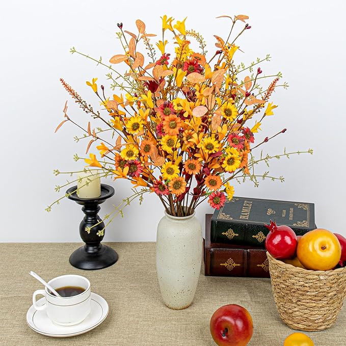 12 PCs Artificial Fall Flowers 17 Inches Vintage Autumn Stems Rustic Fall Floral Picks with Orange Forsythia Daisy Flowers Wildflower Stems for Farmhouse Indoor Vase Table Centerpieces Decor