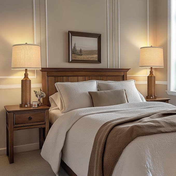 AIDENOEY 27.5" H 3-Way Dimmable Touch Control Table Lamp with USB A+C Ports, Vintage Walnut Finish Resin Bedside Farmhouse Table Lamp Set of 2,for Living Room,Bedroom,Office