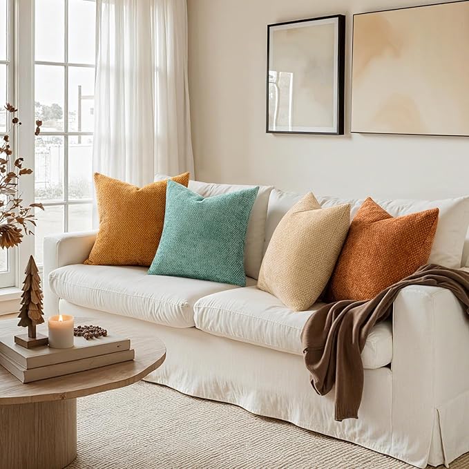 MIULEE Pack of 4 Orange/Teal Couch Throw Pillow Covers 20x20 Inch Yellow Green Soft Decorative Chenille Pillows Farmhouse Accent Cushions for Boho Home Decor Spring Sofa Bedroom Living Room
