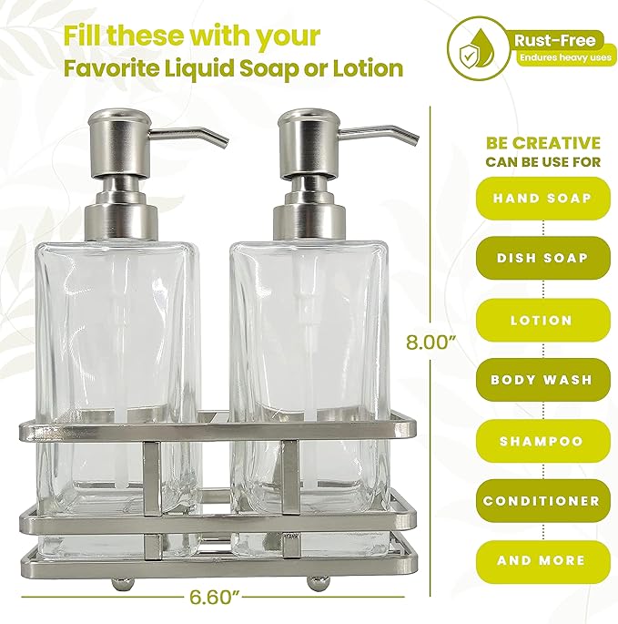 Square Glass Clear Lotion and Soap Pump Dispenser Set with Metal Stand Caddy for Bathroom Bath Kitchen Home Office Travel Hotel Hand Crafted Heavy Weight Nickel