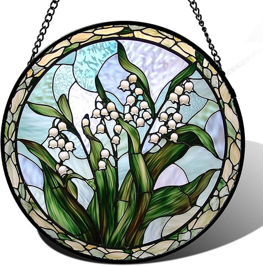 Stained Glass Window Hanging, White Green Lily of The Walley Flowers Sun Catcher for Door Home Decor Plants Suncatcher Christmas Mother's Day Birthday Gifts for Women Men Mom Nana 11.8 in