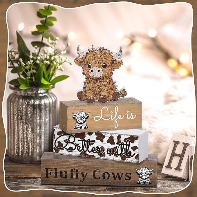 Geelin 4 Pcs Highland Cow Table Decorations Cow Wooden Signs Rustic Tiered Tray Decor Western Tabletop Centerpieces Farmhouse Highland Decor for Home Desk Room Kitchen Shelf