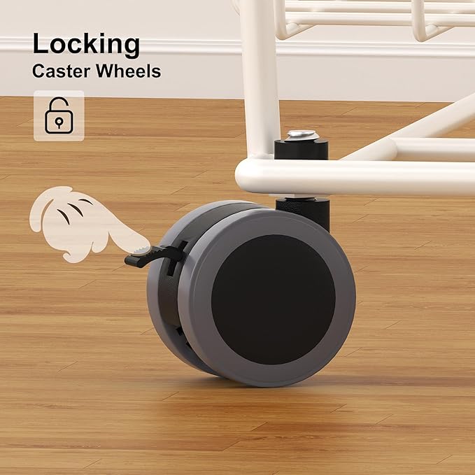 PUSDON Stackable Metal Storage Carts, Dual Use Shelf for Kitchen Fruit Vegetable Baskets with Wheels, Storage Rack for Living Room, Home & Office, Plus White 4 Tiers