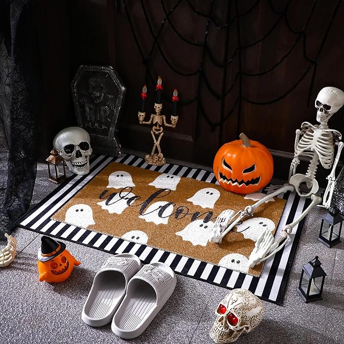 2 Pcs Halloween Welcome Door Mat Ghost Outdoor Welcome Mats for Front Door Non Slip Cute Ghost Coir Floor Mat Black White Stripe Halloween Rug for Outside Front Porch Entryway Decor