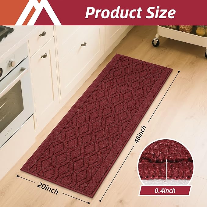 COSY HOMEER-Kitchen-Rugs-and-Mats 20"x48" Non Slip Kitchen Mats for Floor Absorbent Washable Kitchen Runner Standing Floor Mat for Sink Mat,Entry,Laundry,Polypropylene,Red