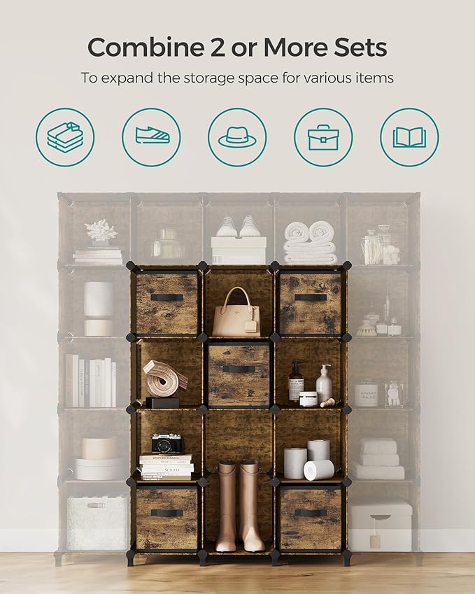SONGMICS Cube Storage Organizer with Storage Boxes, Set of 9-Cube Organizer, 9 Collapsible Non-Woven Fabric Bins, Customizable, Space-Saving, Bedroom, Rustic Brown ULPC092K01