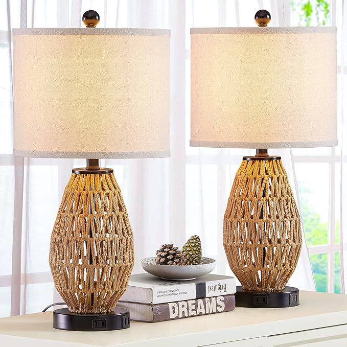 Touch Control Rattan Table Lamps, 3 Way Dimmable Bedside Lamps for Bedroom Set of 2 with 2 USB Ports and AC Outlet, Wicker Nightstand Lamps for Living Room (LED Bulbs Included)