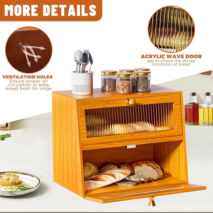 Pine Wooden Bread Box for Kitchen Countertop,Extra Large 2 Layer Breadbox Holder Farmhouse Bread Storage Container Bin Food Organizer Pantry Shelf Acrylic Window