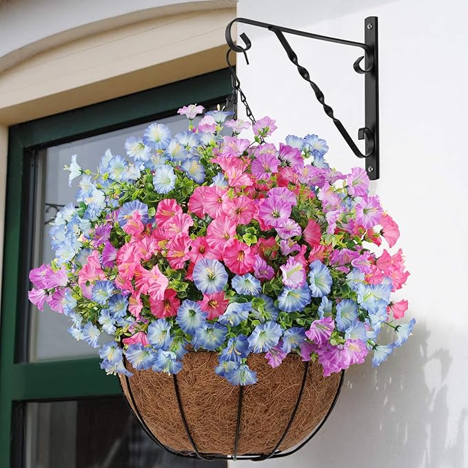 12PCS Artificial Flowers for Outdoor Decorations, Realistic Faux Silk Petunia Flowers for Outside, Fake Plants Morning Glory with Eucalyptus Porch Patio Planters Window Boxes Decor