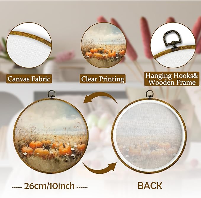 Mcehtle Vintage Fall Pumpkin Wall Art Decor, Rustic Autumn Wildflower Field Landscape Framed Canvas Prints 10x10, Countr Farmhouse Round Wall Hanging Artwork Decorations for Bedroom Living Room Home