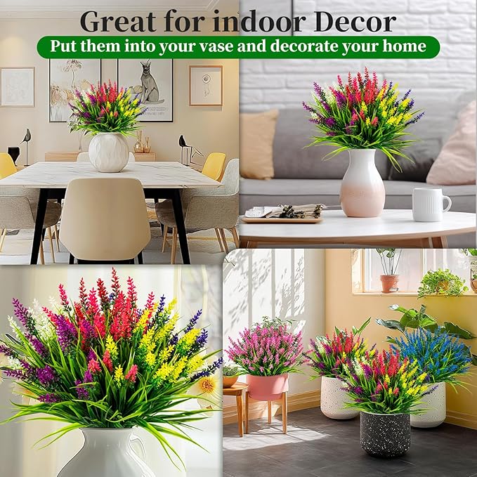 Artificial Flowers for Outdoor Plants 24 Bundles Fake Lavender Plastic Faux Monkey Grass for Verandah Window Garden Office Patio Front Porch UV Resistant for Planter(6 Color)