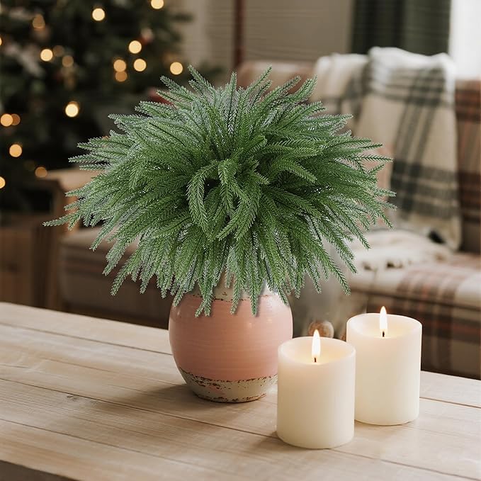 DR.DUDU 12 Pack Christmas Norfolk Pine Stems-18 Real Touch Artificial Christmas Greenery for DIY Wreaths, Garland & Holiday Decor, Xmas Tree Filler Branches for Vases, Mantel Tabletop Decorations