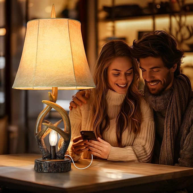 Scenekoy Rustic Farmhouse Antlers Bedside Table Lamp Set of 2 with Nightlight Dual USB Ports Leather Soft Bell Shade Brown Finish nightstand Lamp Decor for Living Room Bedroom Office House Hotel