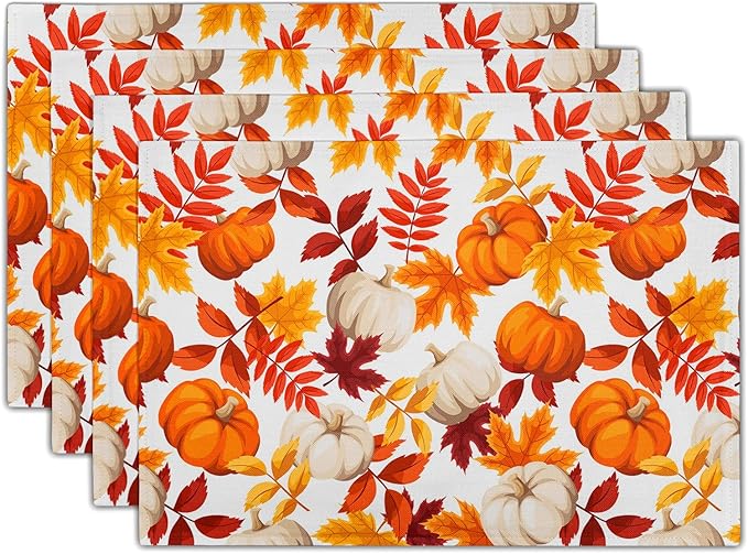 Fall Placemats 12×18 Inches Set of 4 Watercolor Pumpkin Autumn Leaves Indoor Kitchen Dining Table Place Mats for Home Party Decoration