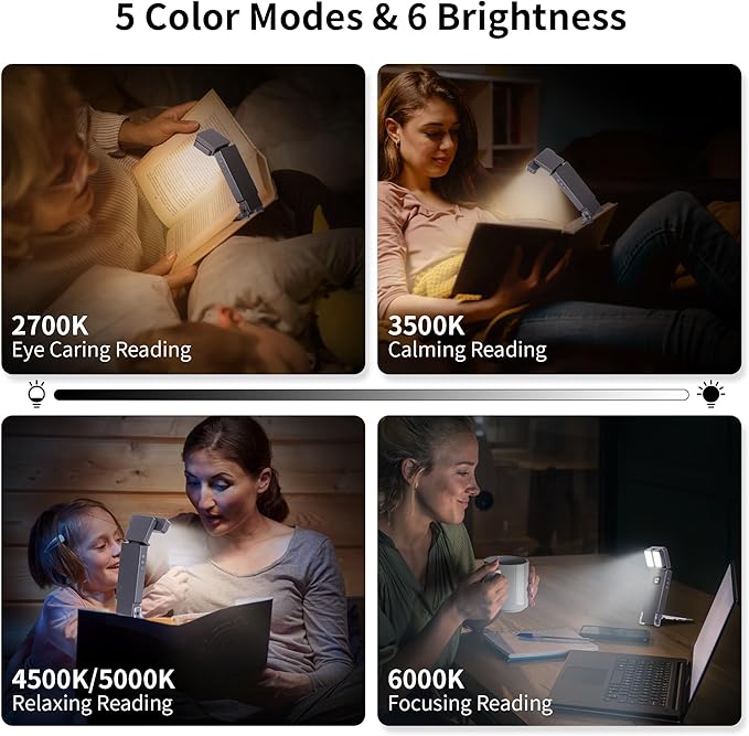 Dott Arts Book Lights for Reading at Night,Rechargeable 1000mAh Reading Lights for Books in Bed Dual-Heads Small Desk Lamps for Home Office with 5 Colors,Timer Function,LED Clip Light for Kids Room