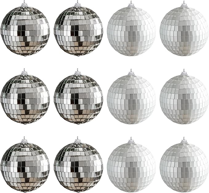 12 PCS Disco Balls Decor, Silver Disco Ball Party Decorations, Hanging Christmas Decoration Matte and Mirror Balls, 3.15in Glass Hanging Disco Ball for Home Holiday KTV Wedding Stage Xmas Tree
