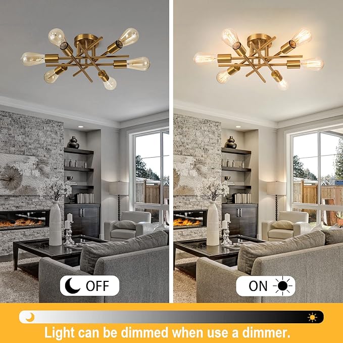 Sputnik Chandeliers, Modern Semi Flush Mount Ceiling Light with E26 Base, Mid Century Industrial Kitchen Farmhouse Light Fixtures for Bedroom Living Room (Brass, Ceiling 6 Lights)