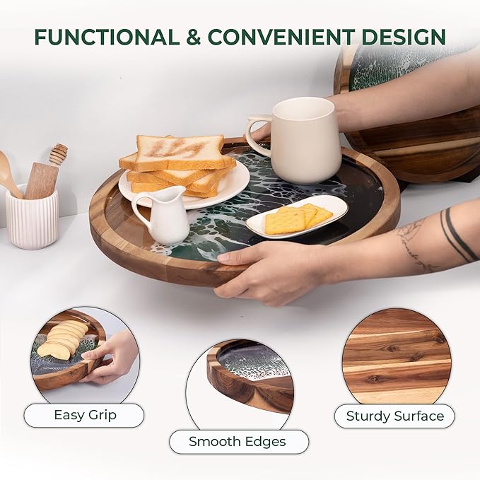 Acacia Wood Round Serving Tray with Epoxy Resin Art, 15.8βx15.8β, Includes Stand & Loofah, Handcrafted Ocean Wave Design, Perfect for Charcuterie, Serving Platters & Appetizers