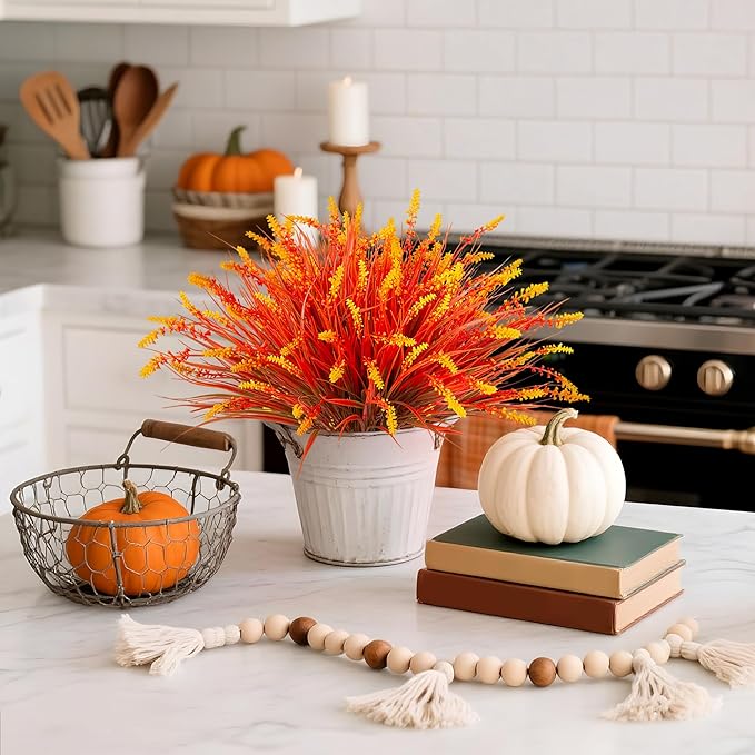 Artificial Fake Plants Flowers for Outdoors Fall Decor, 12 Bundles Fall Leaves Faux Lavender Flowers for Autumn Decoration, Fake Shrubs UV Resistant Planter No Fade for Garden Porch Balcony(Brown)