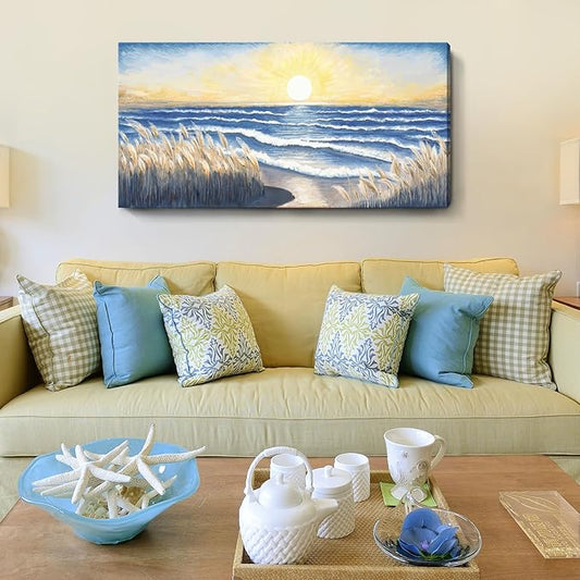 Ocean Canvas Wall Art for Living Room Seaside Sunset over the Beaches Coastal Reeds Blue Sea Waves Calm Seascape Painting Seashore Nature Landscape Artwork for Home Bedroom Office Decor 48x24inch
