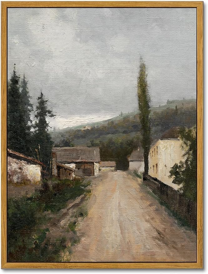 KBKBART Framed Wall Art, Vintage European Village Country Canvas Art Prints Farmhouse Decor, Vintage Oil Painting Picture, Rustic Landscape Wall Decor for Bathroom, Bedroom Living Room, Vintage Art(16"x24")
