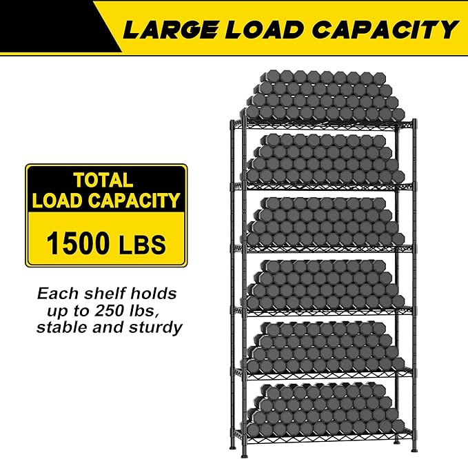 GIOTORENT 6-Wire Garage Shelving Storage Shelves, Metal Shelf Organizer 2100Lbs Capacity, Kitchen Storage Adjustable Shelf for Laundry Bathroom Pantry Closet, Black 36.2''W x 14''D x 72.4''H