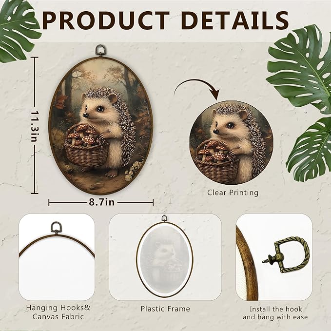 Gnmduw Vintage Hedgehog Oval Wall Art Framed, Fall Cottagecore Mushroom Canvas Prints Hanging Decor, Dark Academia Mushroom Hedgehog Wall Decor for Nursery Gallery Bedroom Living Room, 8.7x11.3 In