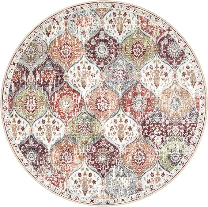 Lahome Moroccan Trellis Washable Round Area Rug, Soft Round Rugs 6ft Ultra-Thin Non-Slip, Vintage Large Circle Carpet for Bedroom Living Room Kitchen Nursery, Orange/Terracotta