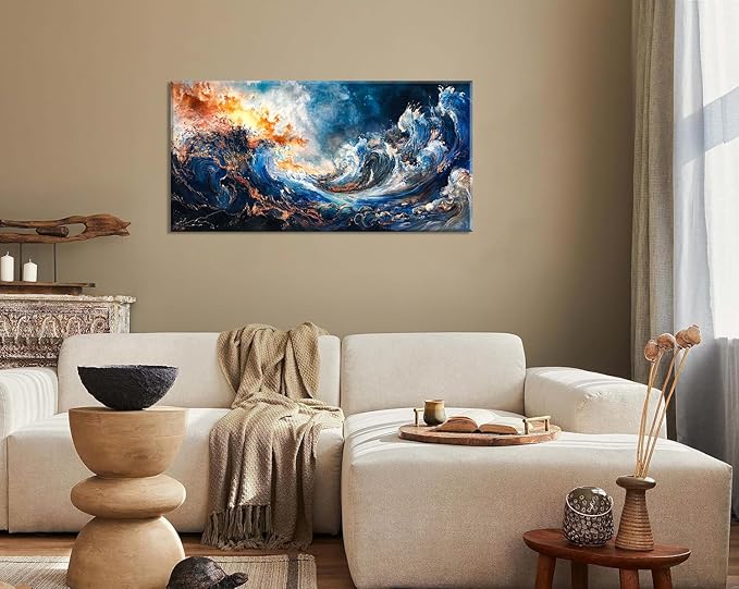 ZESTFLICKR Wall Art of Ocean Wave Abstract Canvas Blue Print Modern Artwork Pictures Magnificent for Living Room Bedroom Home Office Kitchen Decor (28x58 inches)