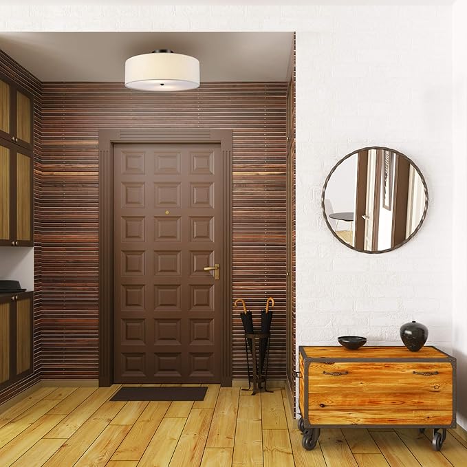 GLOBE Electric 60315 2-Light Flush Mount Ceiling Light, Dark Bronze Finish, White Linen Shade, Low Profile Drum Design, E26 Base, Dimmable