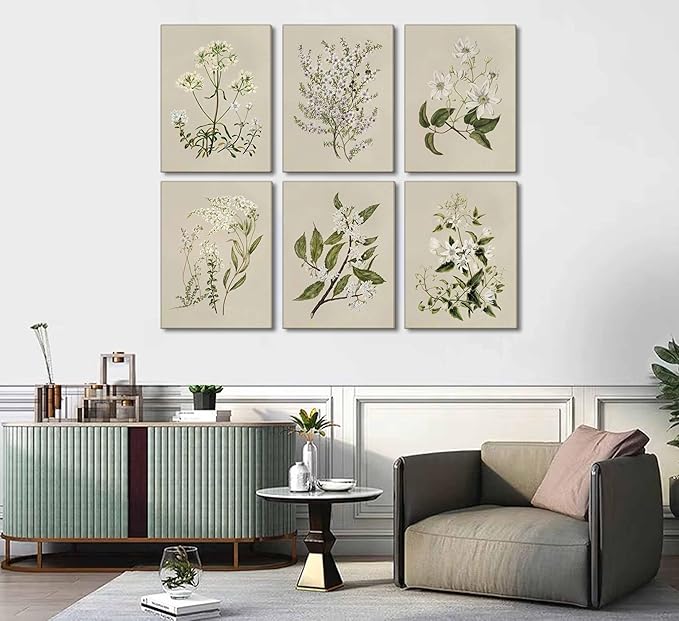 6 PCS Neutral Floral Canvas Wall Art Vintage Rustic Farmhouse Flower Botanical Painting Picture Wall Decor Poster Print Artwork for Living Room Bedroom Home Decoration